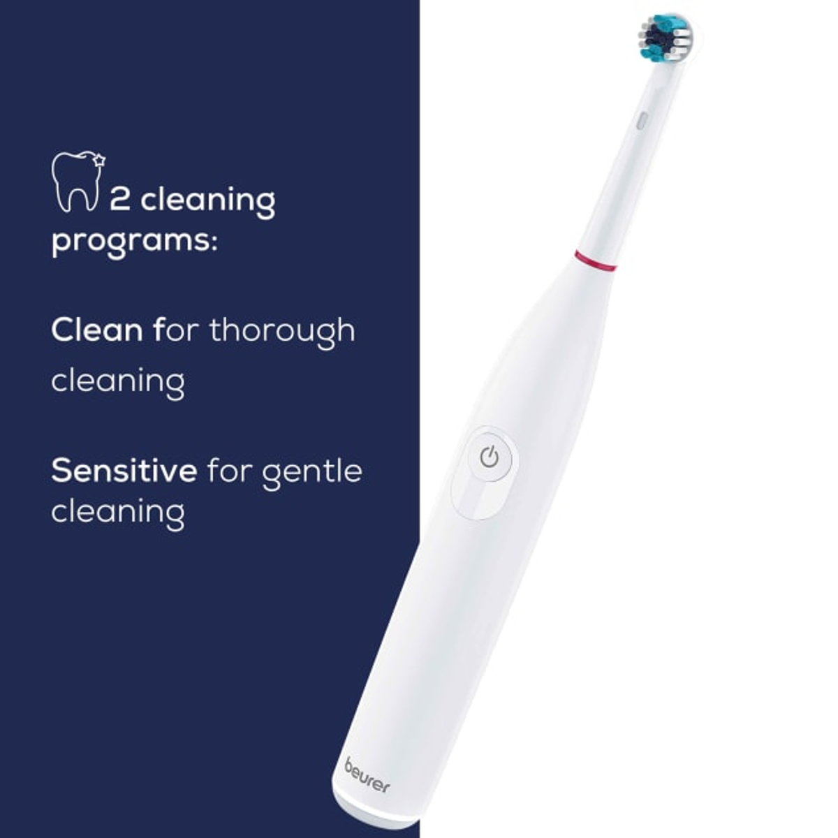 Cepillo de dientes eléctrico blanco con opciones de limpieza detalladas sobre fondo azul. El cepillo está inclinado a la derecha.