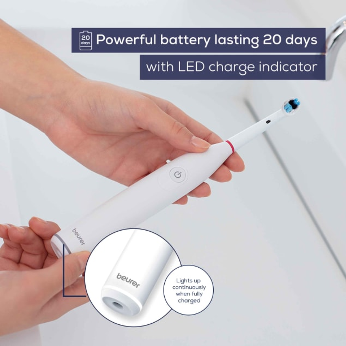 Un cepillo de dientes eléctrico blanco con un cepillo azul y rojo y un texto sobre la duración de la batería.
