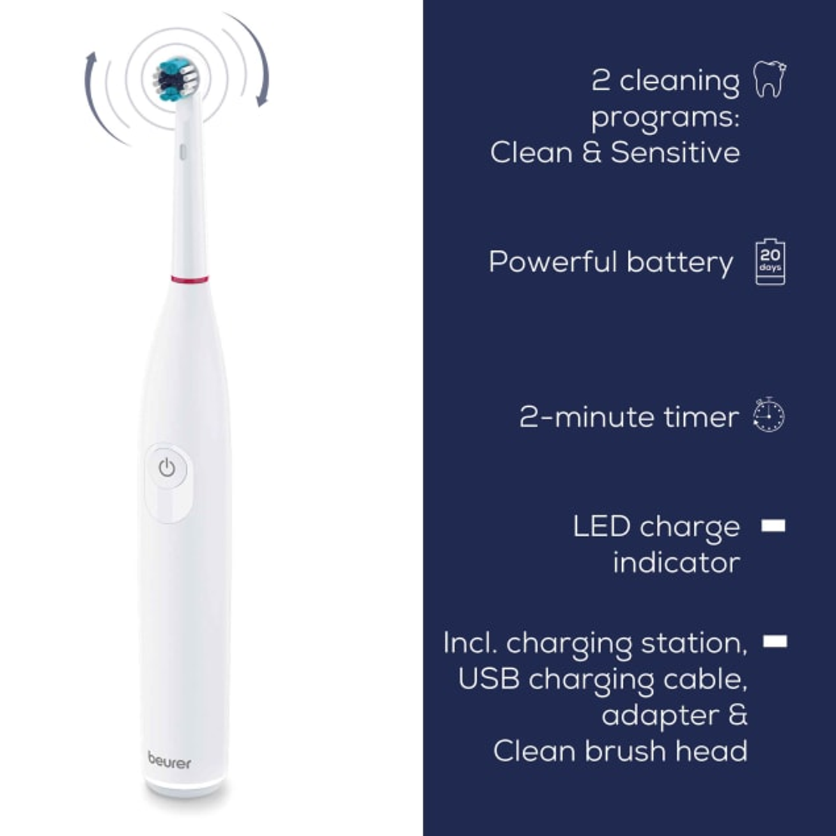 Cepillo de dientes eléctrico blanco con texto sobre funciones. El fondo es azul y blanco.