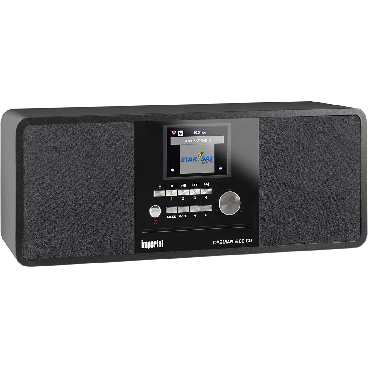 Una radio DABMAN 1200 CD Imperial nera, con schermo e pulsanti.