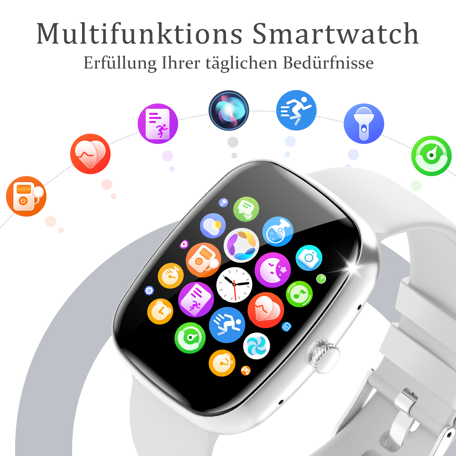 Eine weiße Smartwatch mit mehreren App-Symbolen auf dem Bildschirm. Text sagt 'Multifunktions-Smartwatch'.