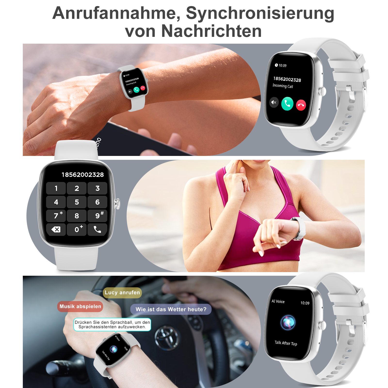 Smartwatch-Screenshots: Eingehender Anruf, Wähltastatur, Musikwiedergabe und Sprachassistenten.