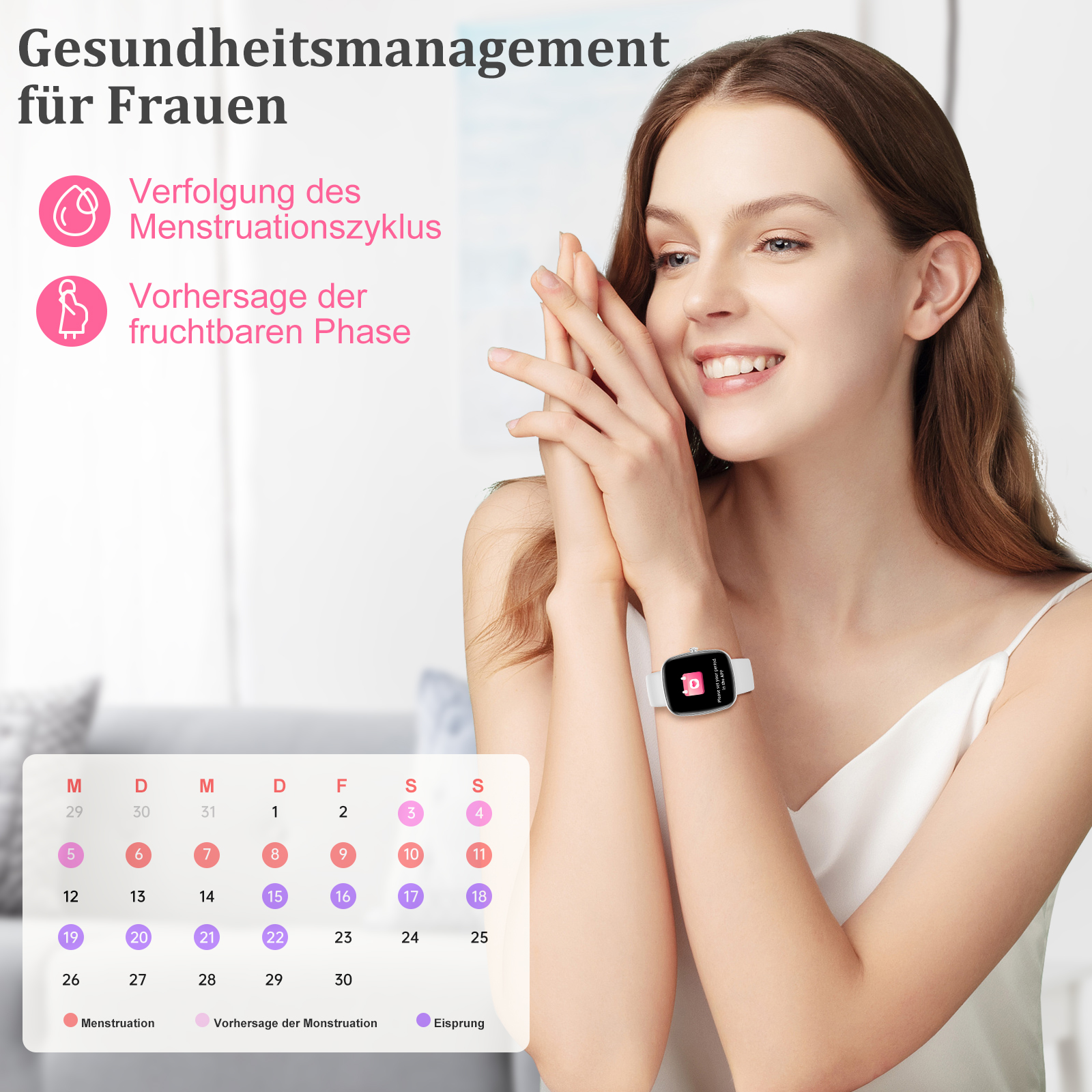 Frau mit Smartwatch, die auf einen Kalender mit Menstruationsphasen blickt.