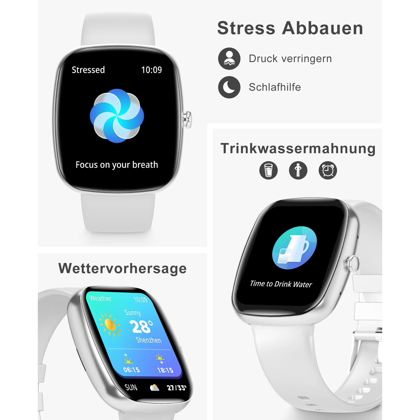 Smartwatch mit mehreren Bildschirmen. Zeigt Atem-Fokus, Getränkeerinnerung und Wettervorhersage auf weißem Armband.