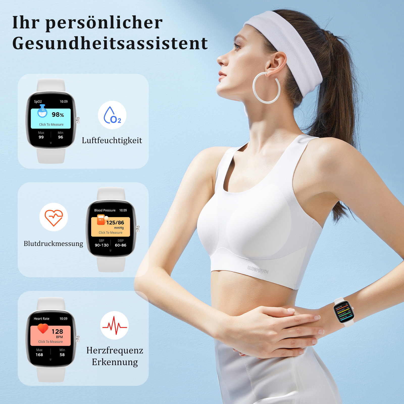 Frau trägt Smartwatch. Anzeigen zeigen Herzfrequenz, Blutdruck und Blutsauerstoffgehalt.
