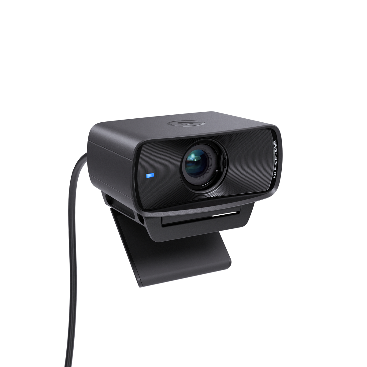 Una webcam nera con una luce blu, montata su una clip nera. Obiettivo visibile, rivolto in avanti.