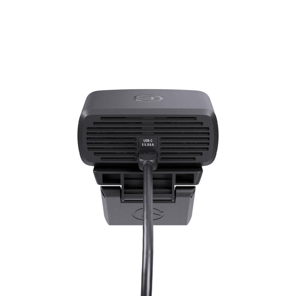Webcam nera con cavo USB-C, su sfondo bianco.