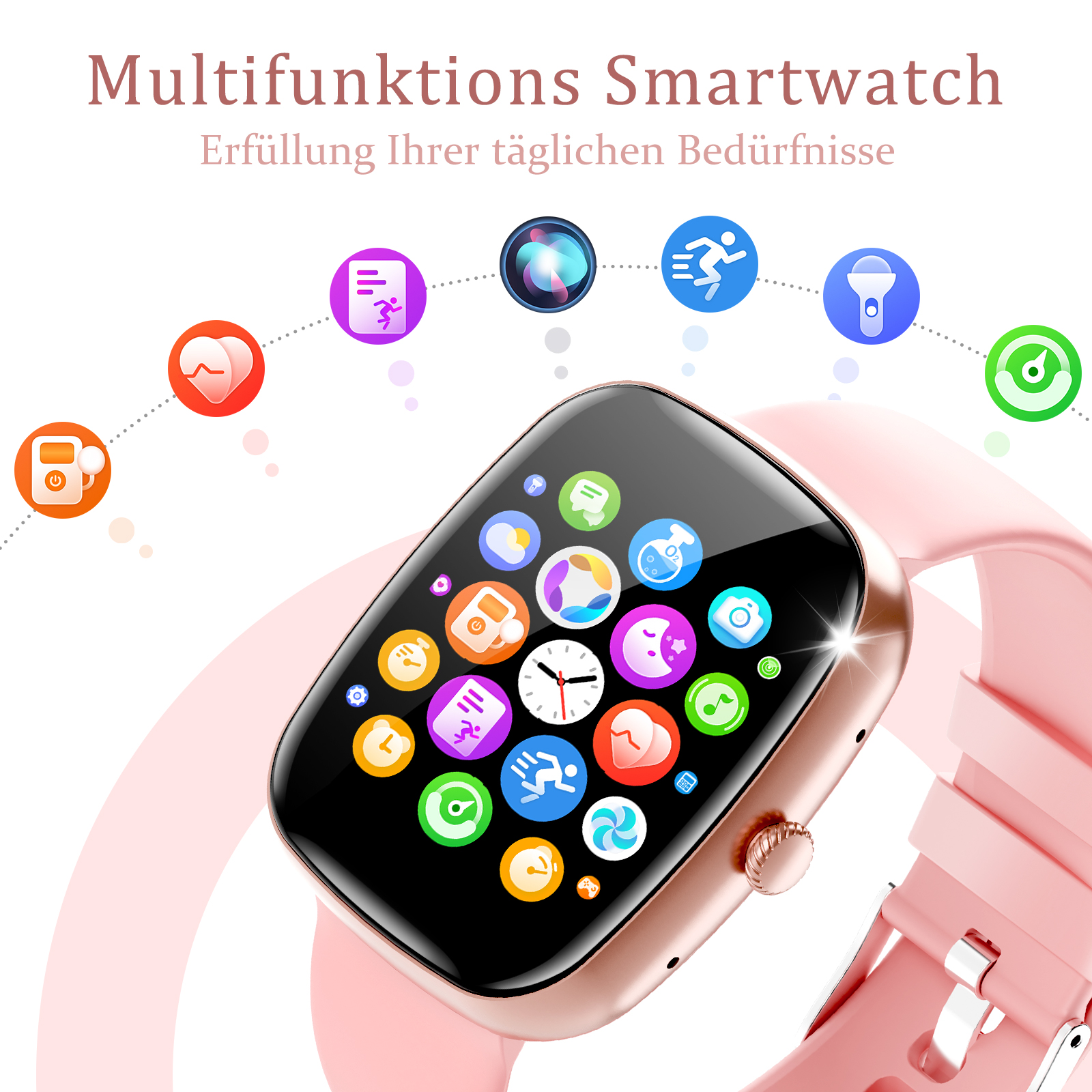 Eine rosa Smartwatch am Handgelenk mit Symbolen für Gesundheit und App-Funktionen drumherum.