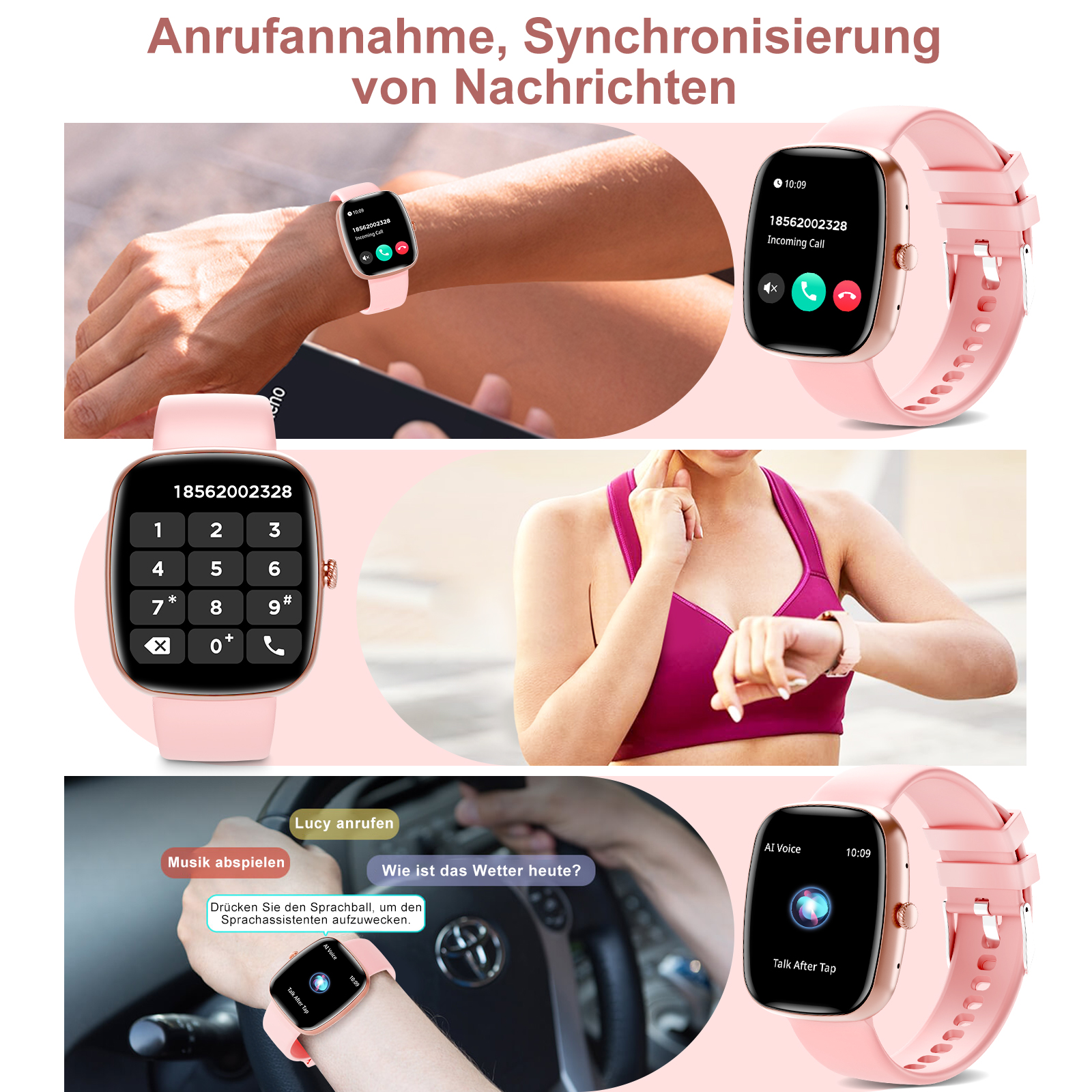 Pinke Smartwatch mit eingehendem Anruf und Funktionen wie Musik und Wetter.