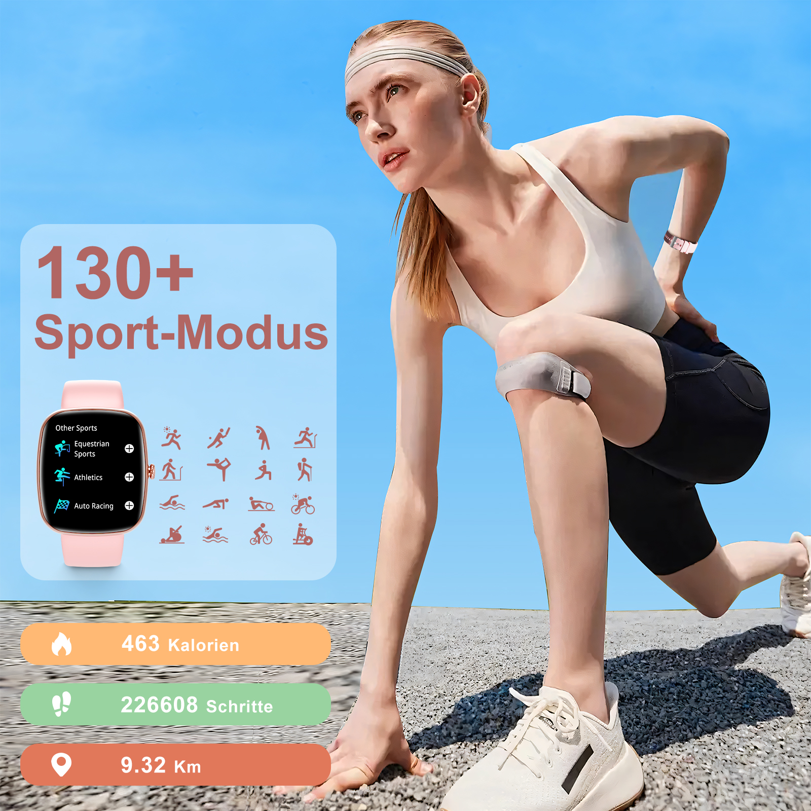 Eine Frau trainiert mit einer Smartwatch und Fitnessdaten.