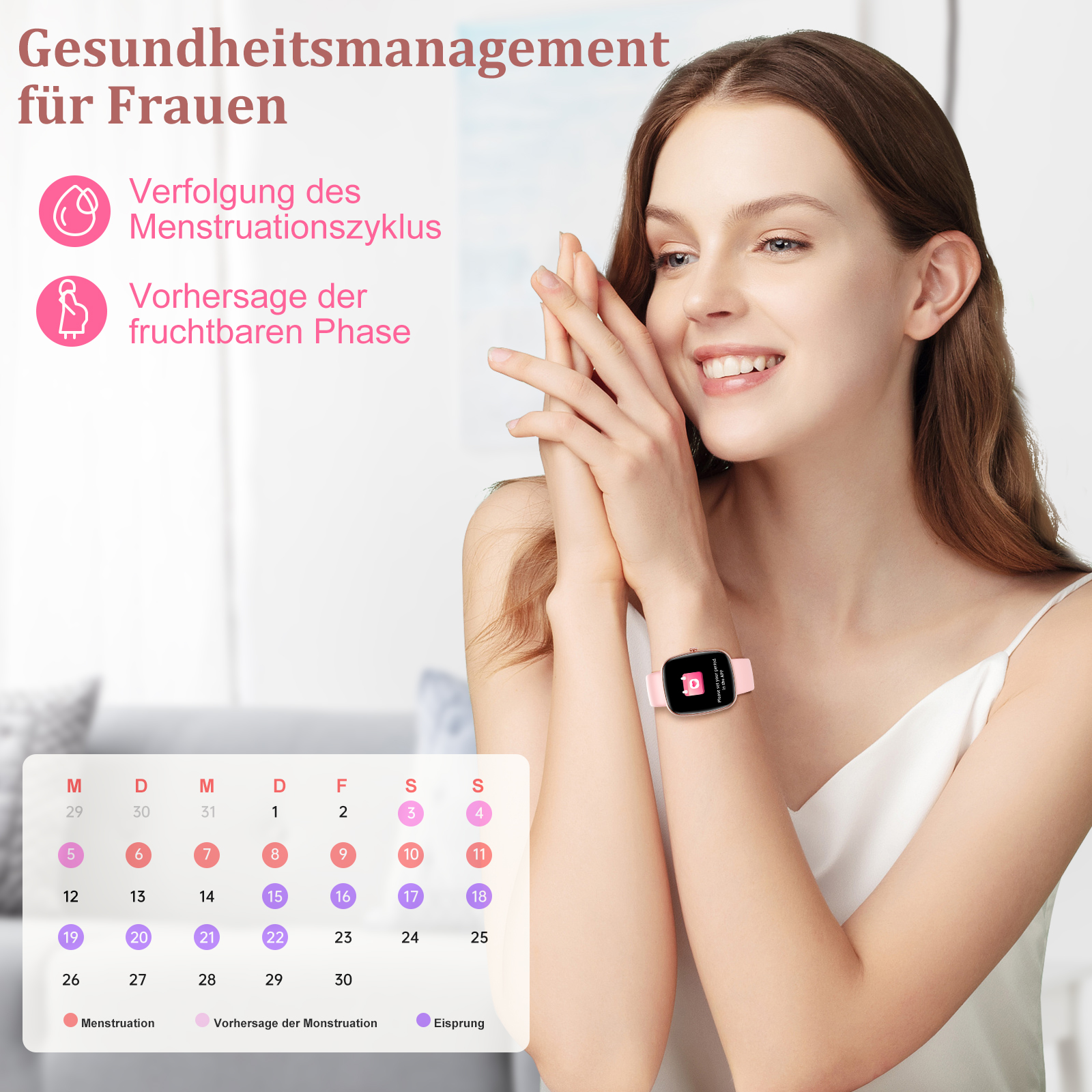 Frau trägt Smartwatch; Kalender auf dem Bildschirm. Menstruation und fruchtbare Phase angezeigt.