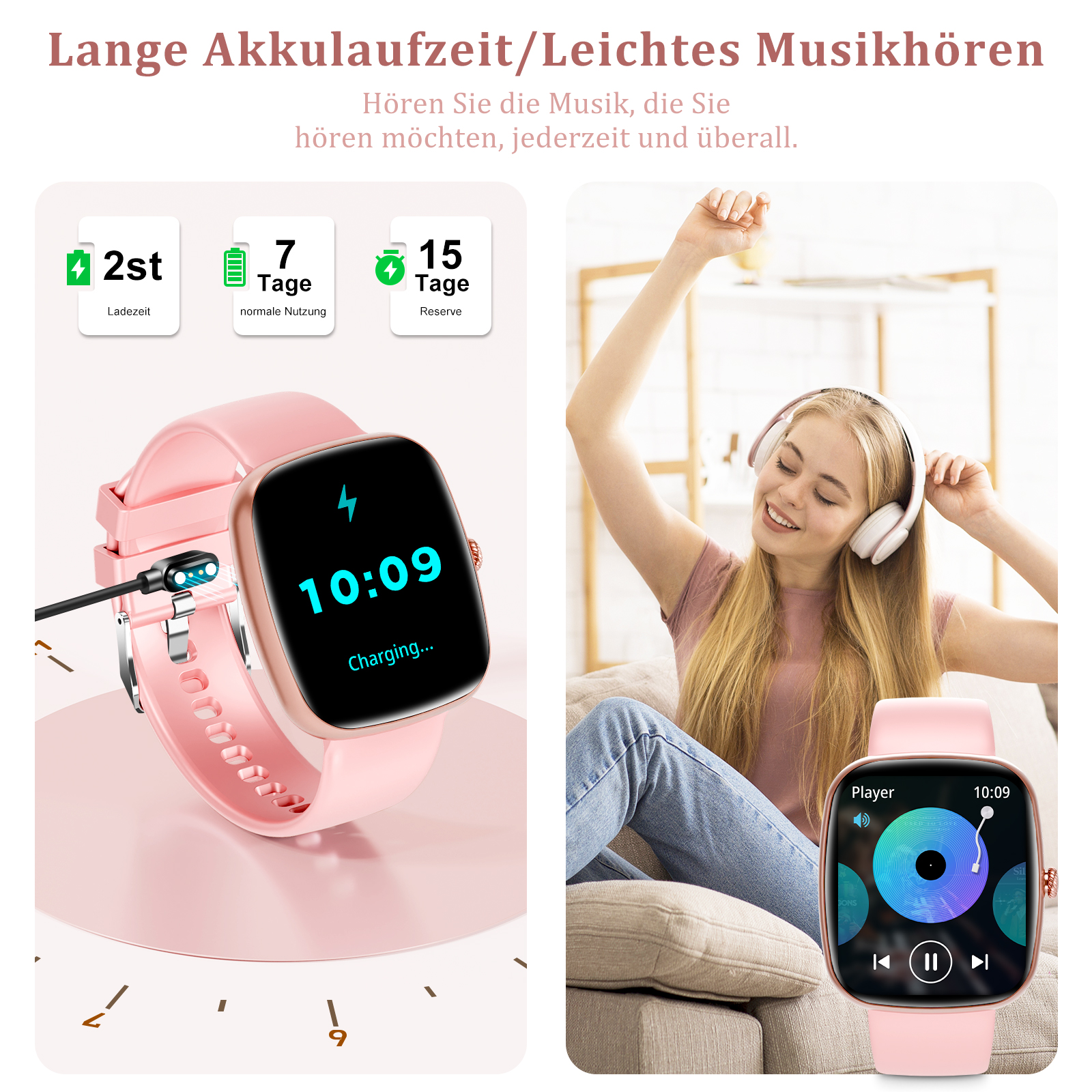 Rosa Smartwatch, die geladen wird, mit einer Frau, die Musik hört. Details zur Akkulaufzeit werden angezeigt.