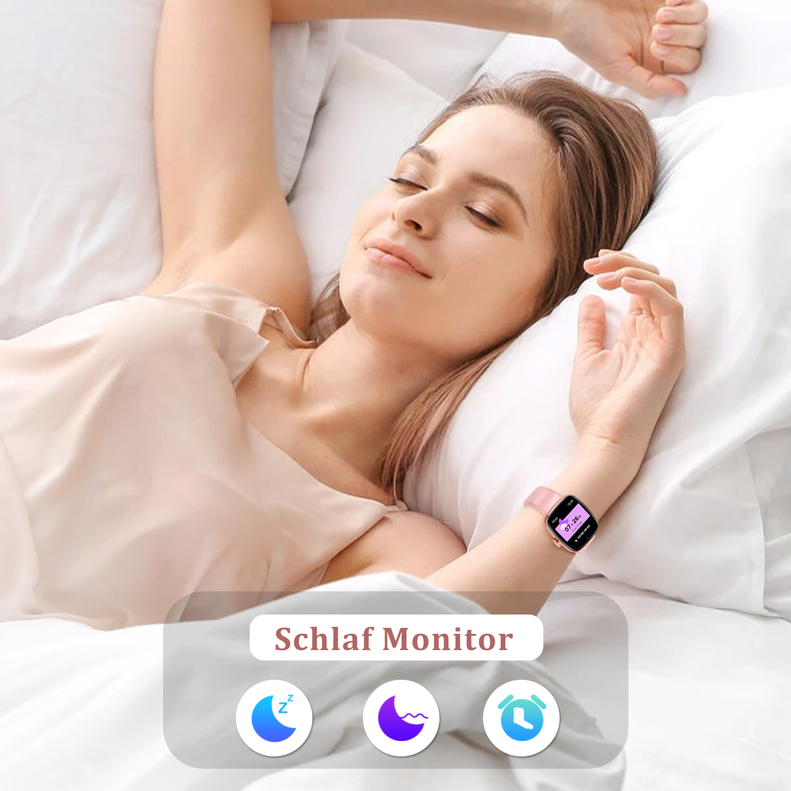 Eine Frau im Bett mit einer Smartwatch. Text darunter zeigt einen Schlafüberwacher an.