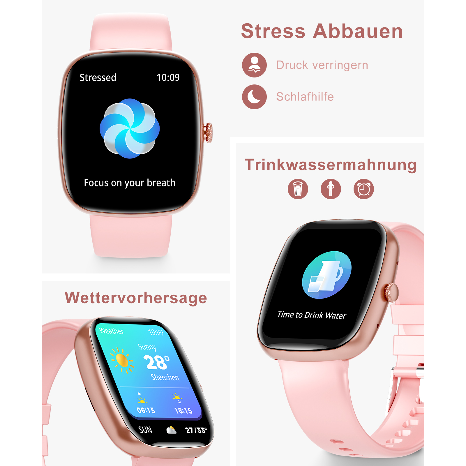 Pinke Smartwatch zeigt Stress, Wetter und Wassererinnerungen an. Pinkes Armband und Zifferblatt.