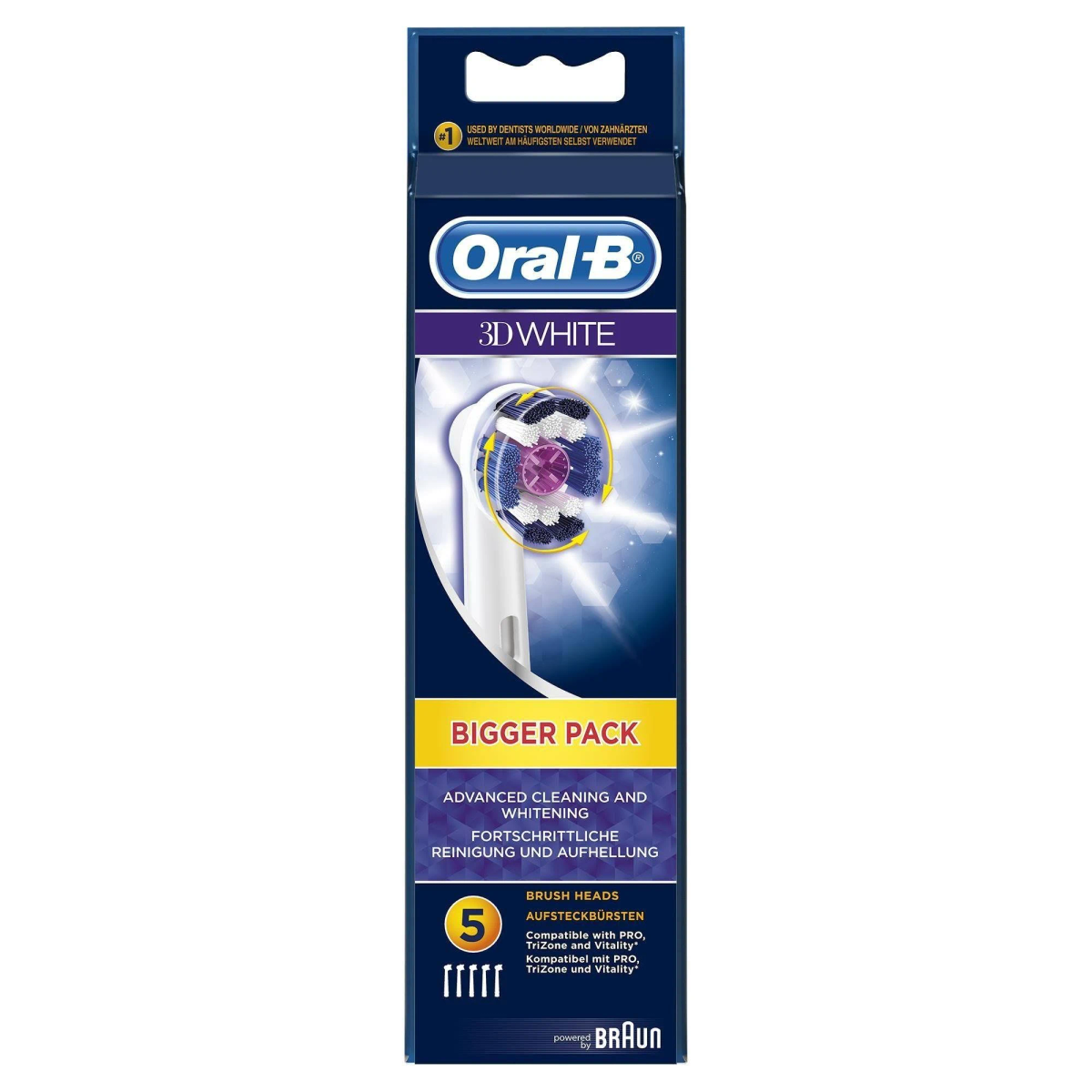 Główki szczoteczki do zębów Oral-B 3D White w opakowaniu. Tekst mówi 'Bigger Pack' oraz czyszczenie i wybielanie.