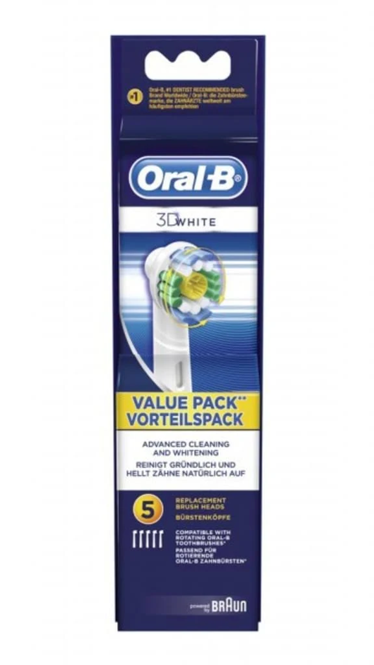 Opakowanie głowic do szczoteczki Oral-B. Niebieskie i białe opakowanie. Na białym tle.