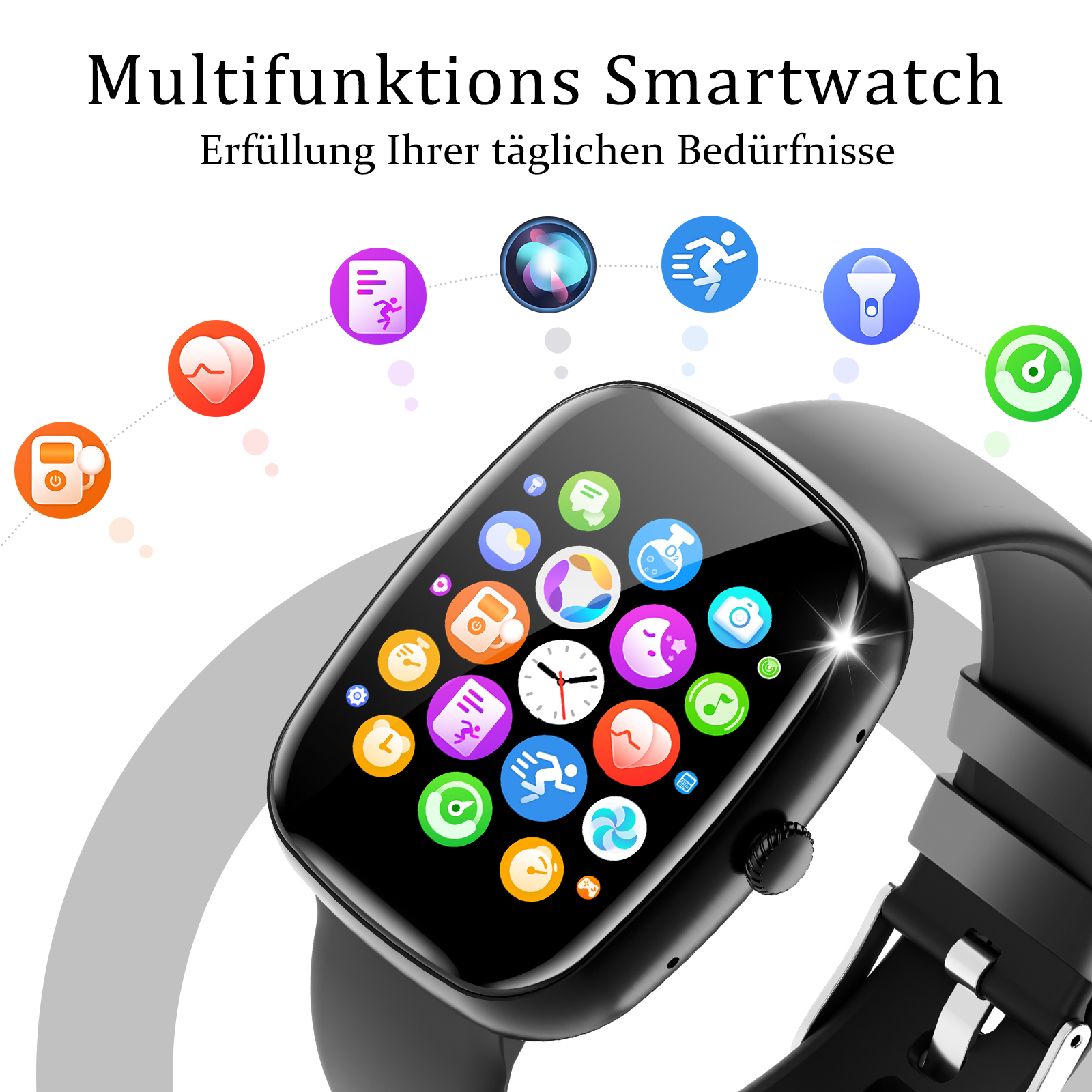 Smartwatch mit Touchscreen, zeigt Symbole, schwarzes Armband.