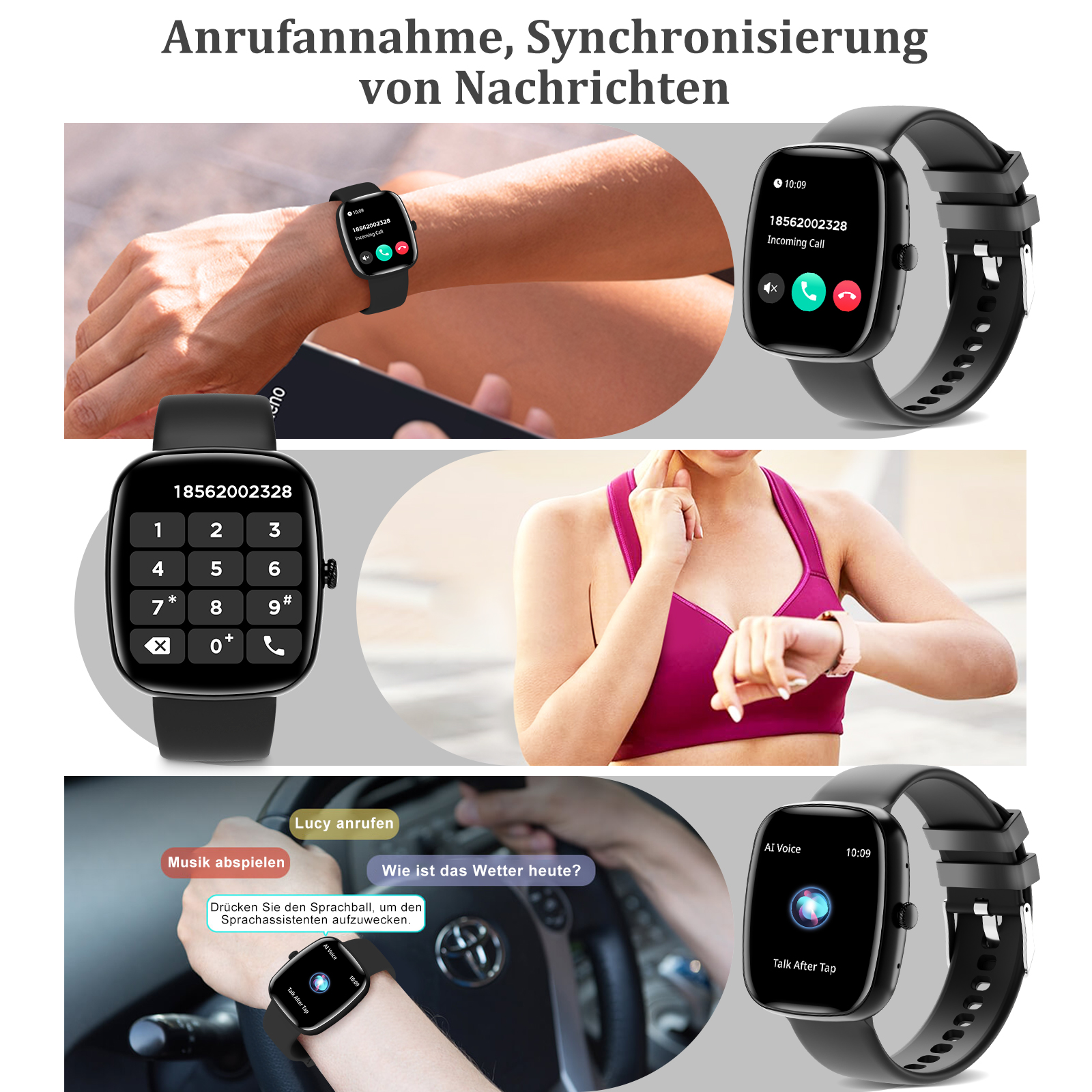 Mehrere Bilder zeigen Smartwatch-Funktionen, inkl. Anrufe und Assistent.