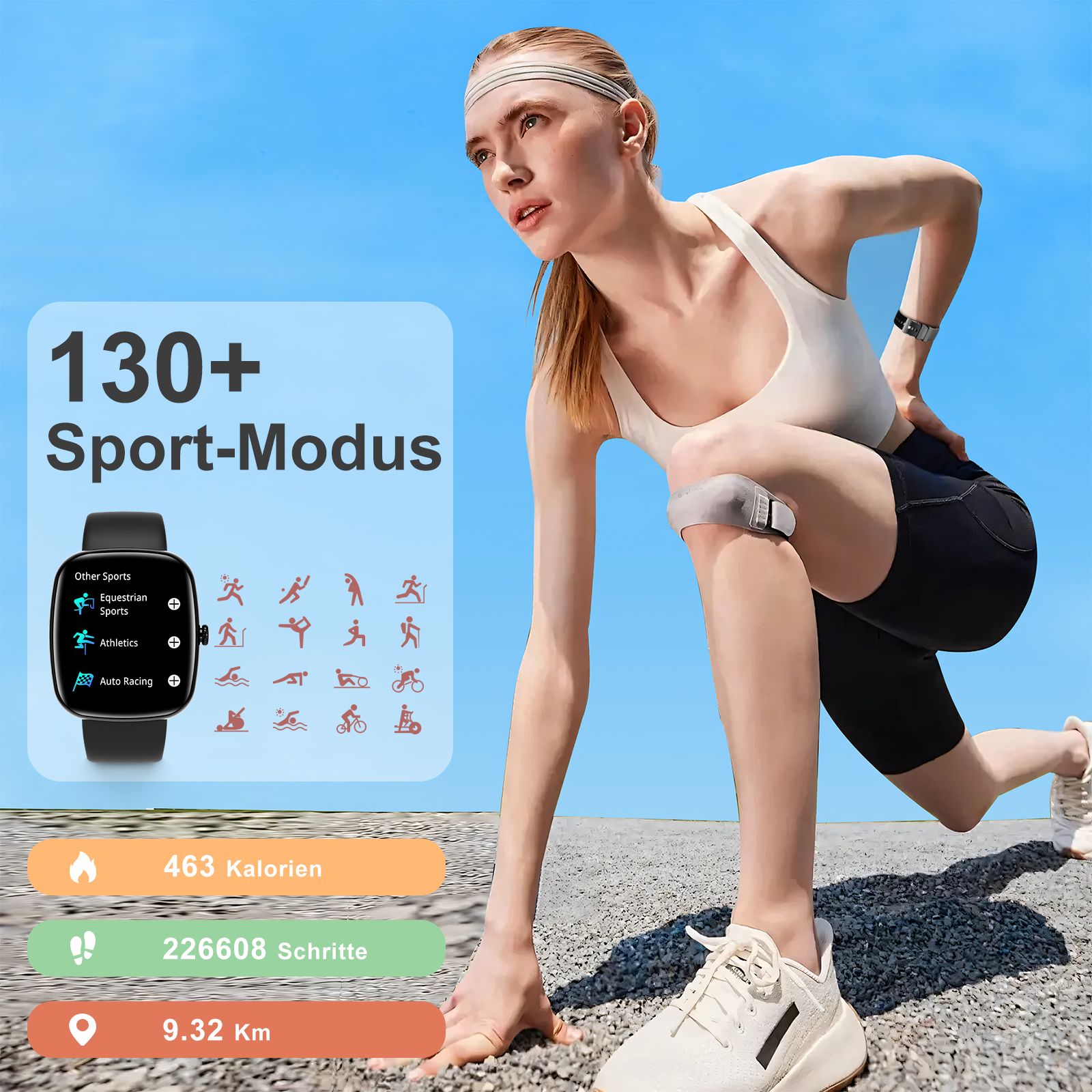 Eine Frau in Sportkleidung trainiert, mit einer Smartwatch und Daten, die auf dem Bild angezeigt werden.