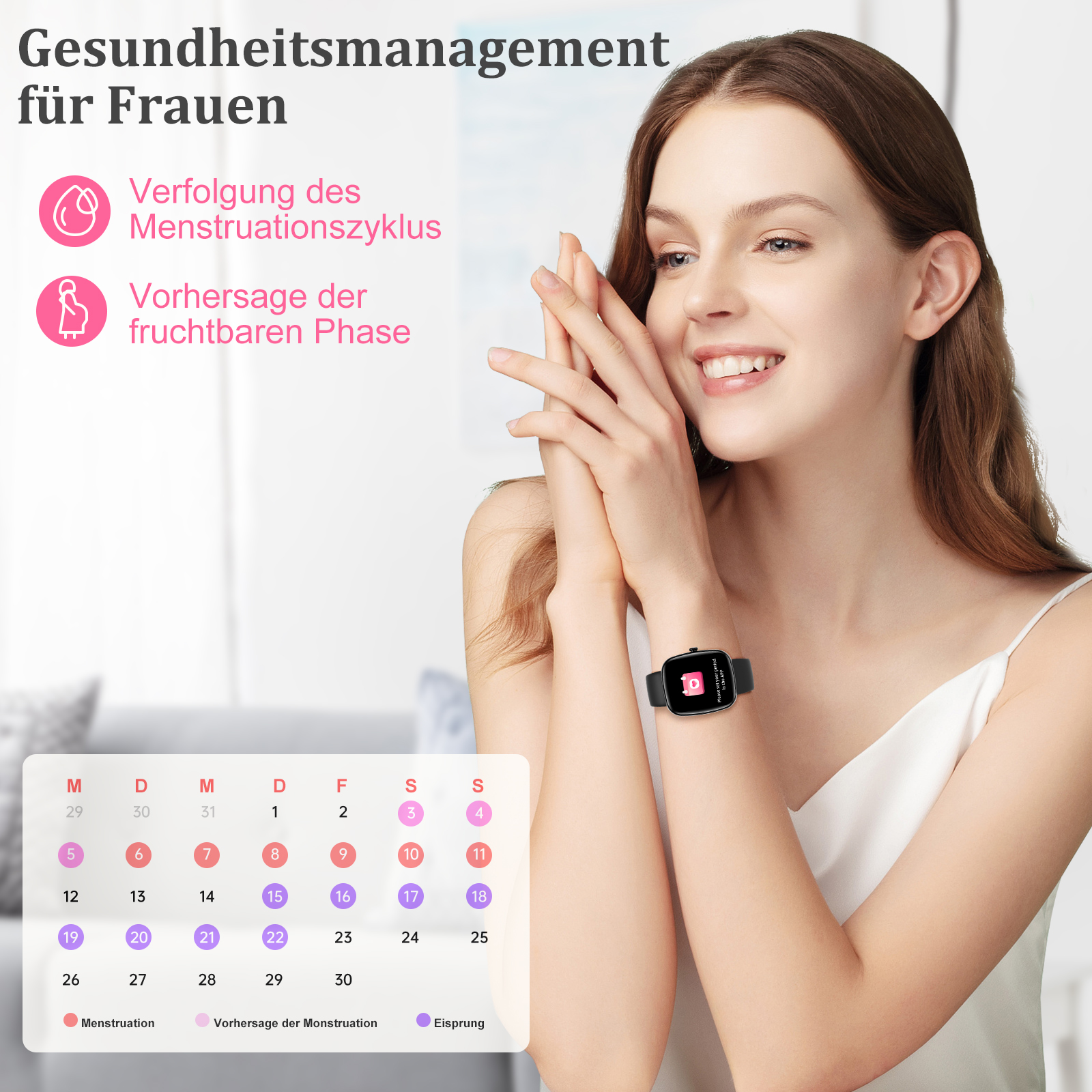 Frau mit Smartwatch, Kalender zeigt Menstruationszyklus und fruchtbare Phase.