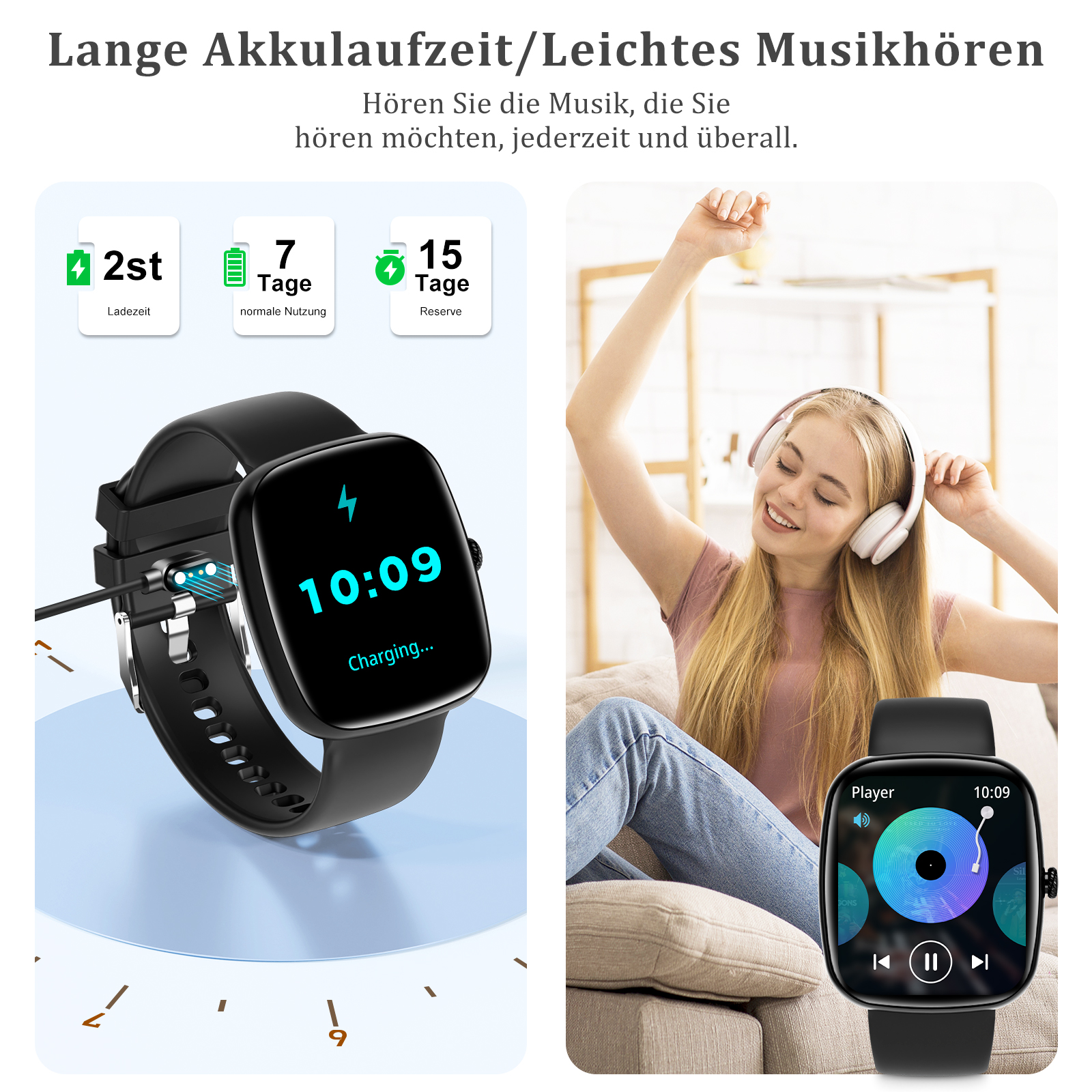 Eine Smartwatch wird geladen, die Uhrzeit wird angezeigt. Eine Frau hört Musik mit Kopfhörern. Text wird gezeigt.
