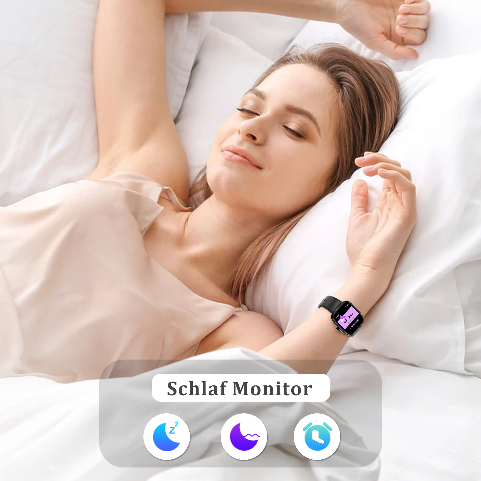 Frau im Bett mit Smartwatch. Text: Schlafüberwachung.