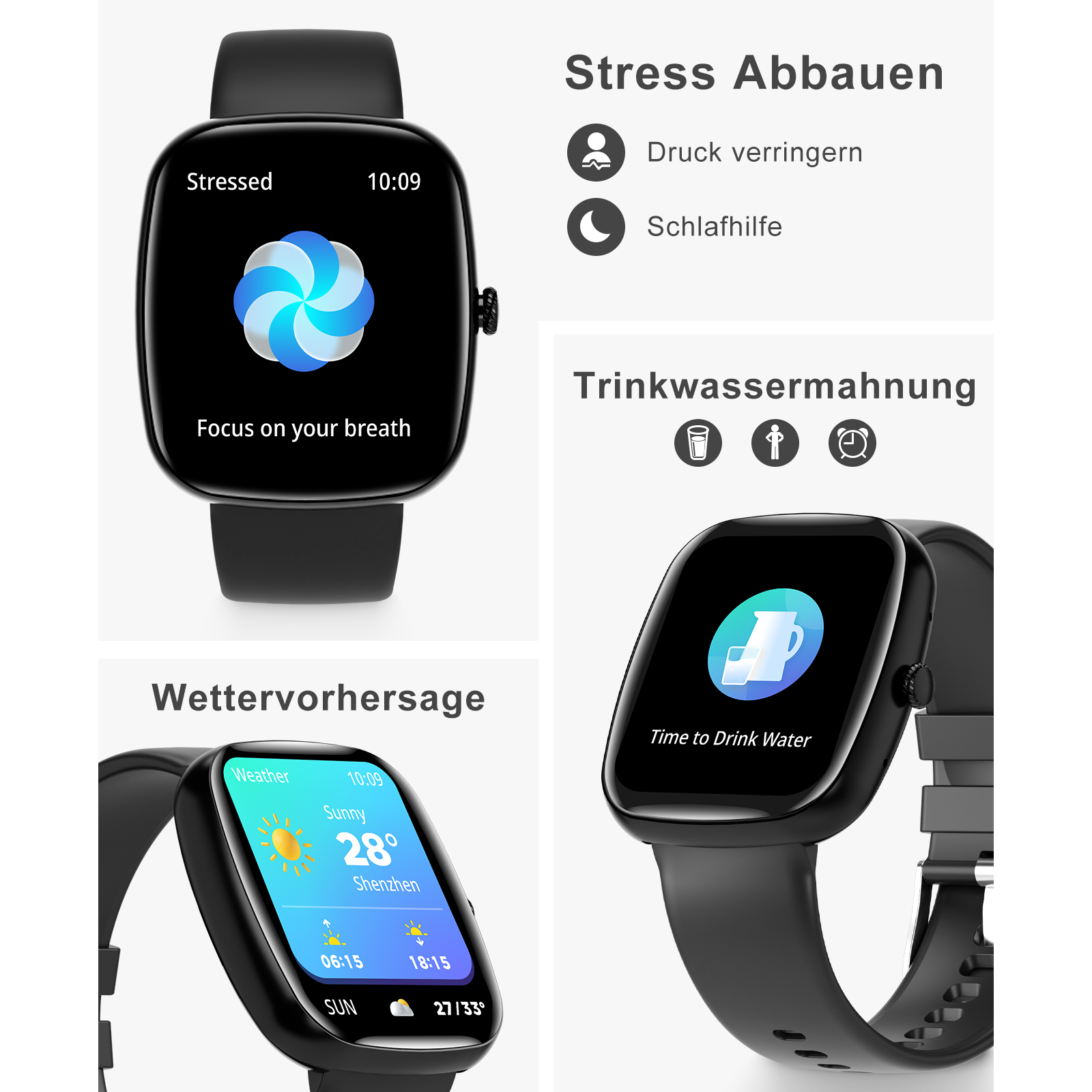 Eine Smartwatch zeigt Stressabbau, Wetter und Flüssigkeitserinnerungen an.