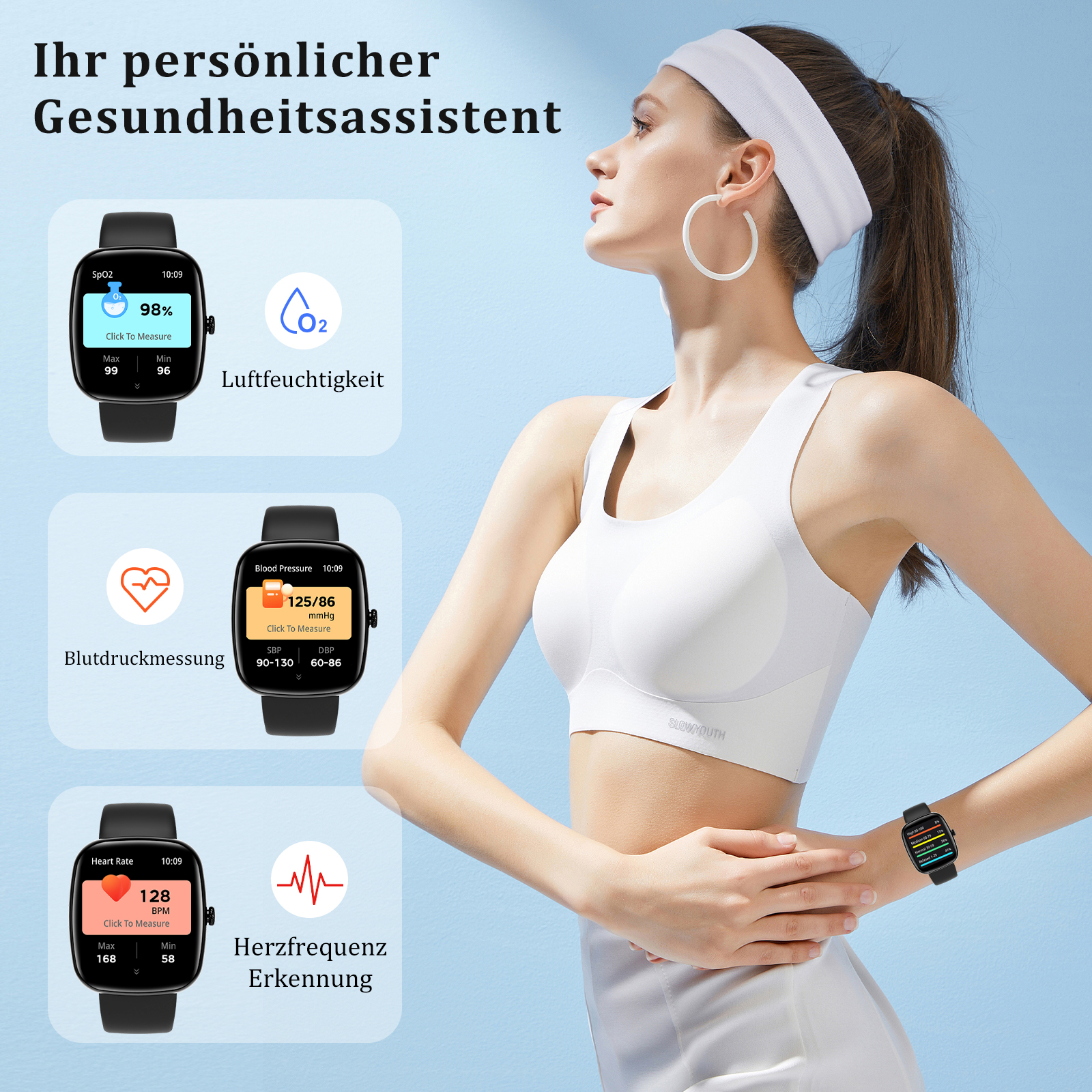 Smartwatches zeigen Gesundheitsmetriken an. Eine Frau trägt eine Smartwatch, mit weißem Hintergrund.