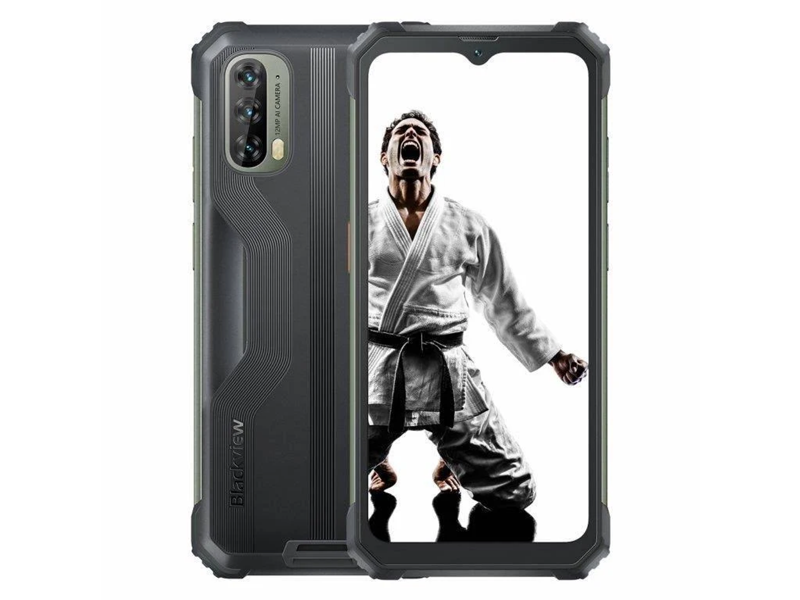 Czarny wytrzymały smartfon z mężczyzną prezentującym ruch sztuk walki na ekranie. Białe tło.