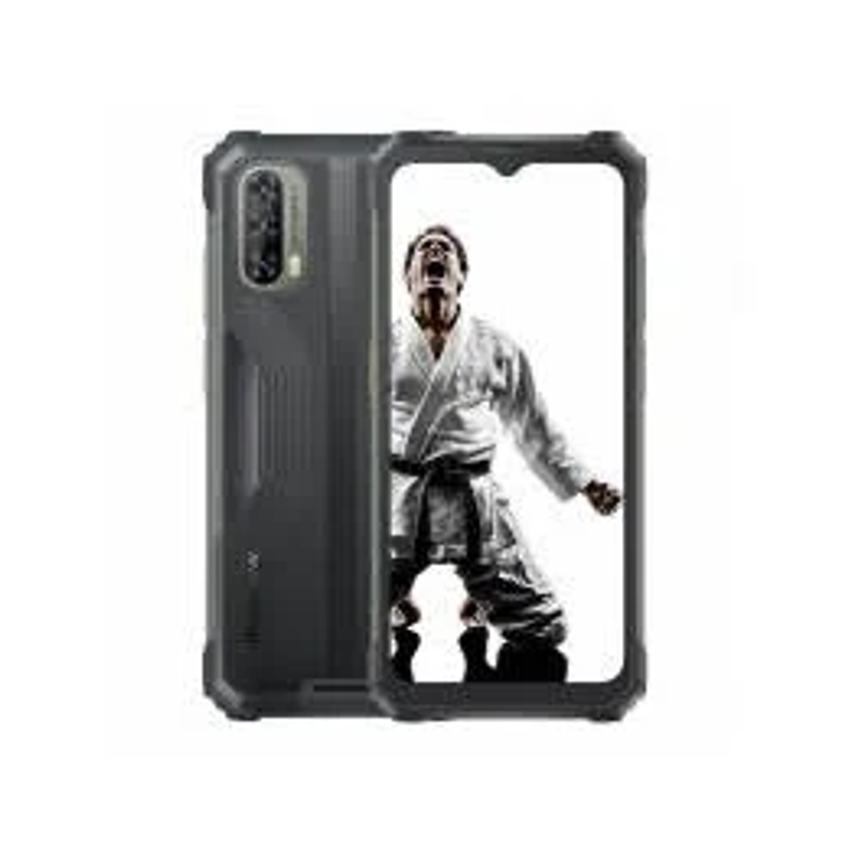 Telefon z etui wyświetlającym na ekranie karatekę na białym tle.