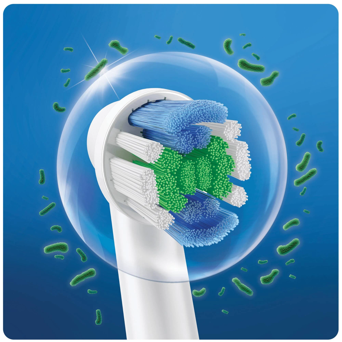 Close-up van een elektrische tandenborstelkop, omgeven door groene bacteriën.