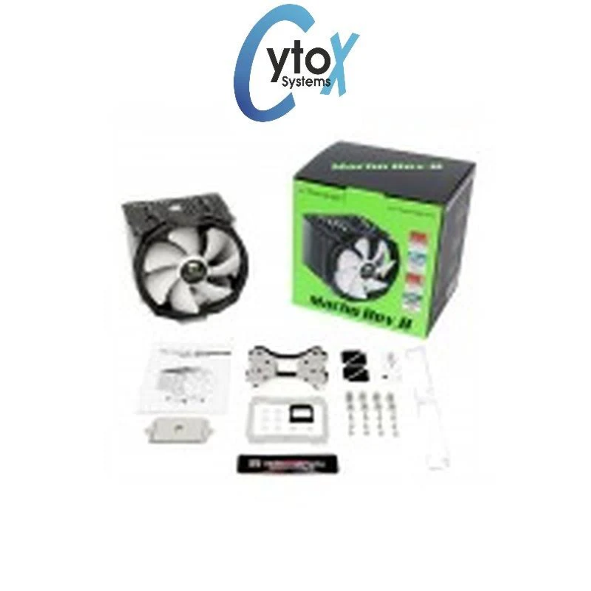 Chłodnica komputera z wentylatorem, pudełkiem i komponentami, z logo "CytoX Systems" powyżej.