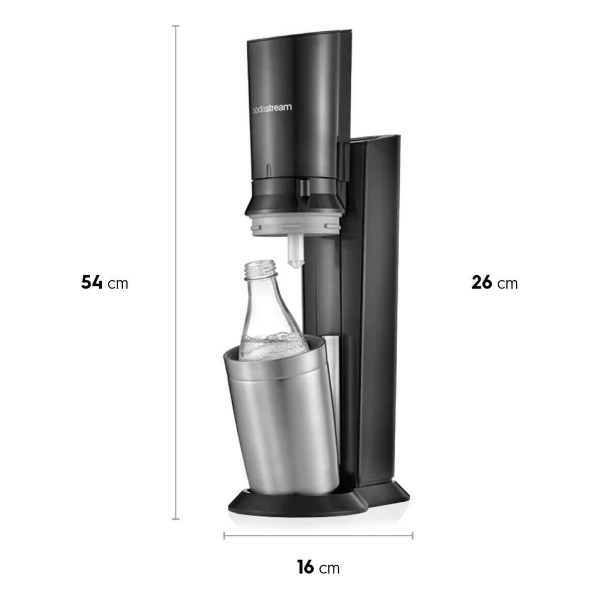 A black and silver soda maker with dimensions: 54cm high, 26cm wide, and 16cm deep.