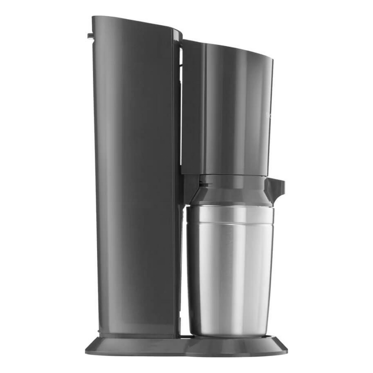 A dark gray soda maker with a stainless steel bottle. It is a close up shot.