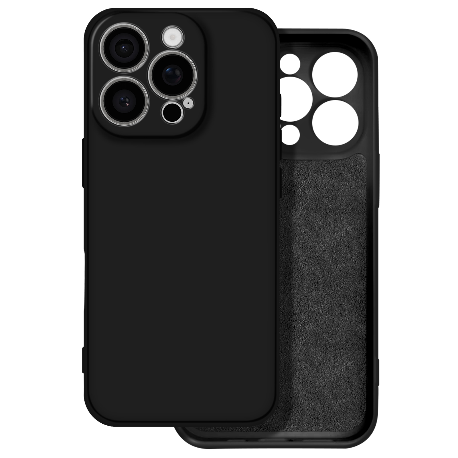 Una custodia per telefono nera con un ritaglio per la fotocamera. La custodia è aperta per mostrare l'interno.