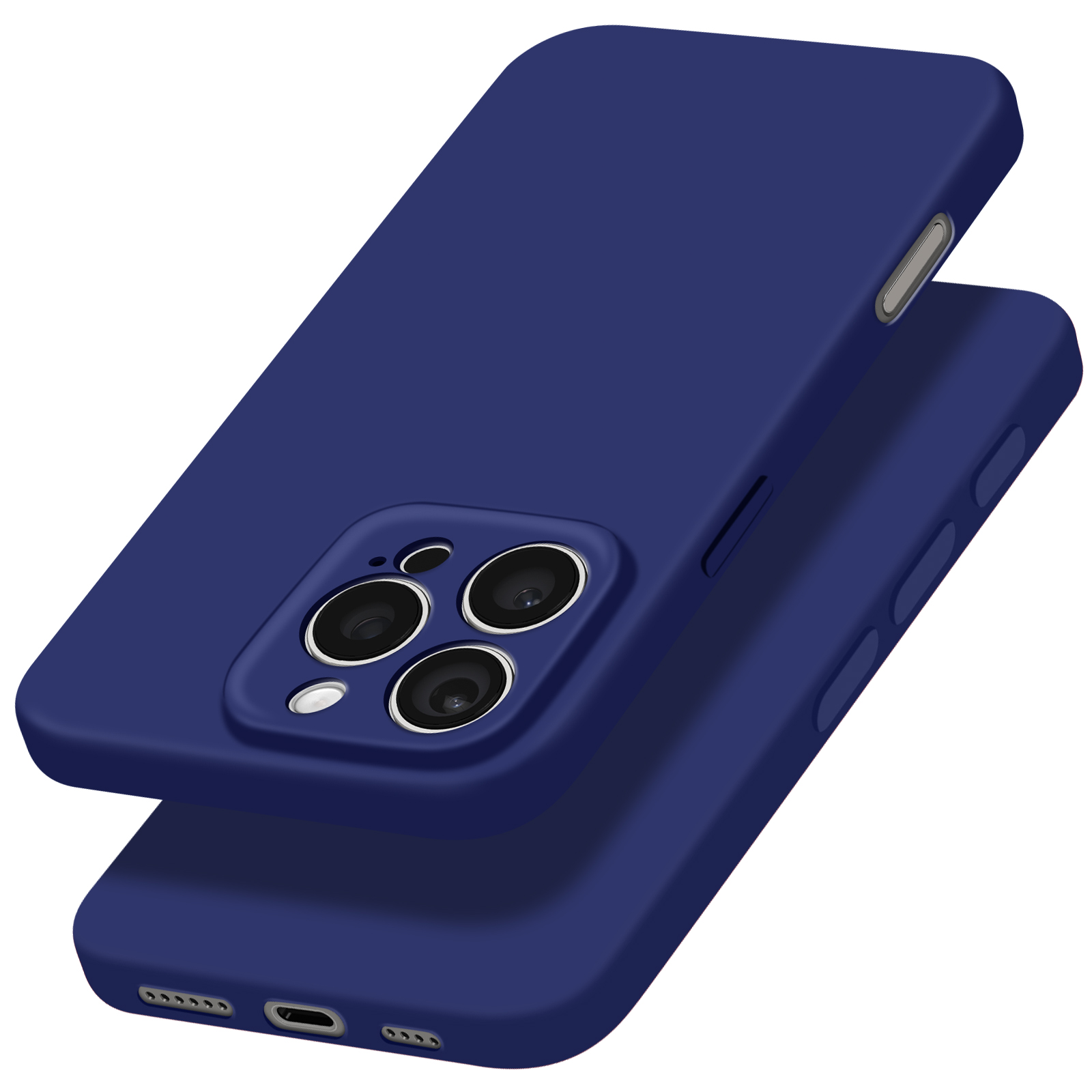 Custodia per telefono blu navy con ritagli per la fotocamera. Le custodie sono impilate, mostrando la forma e i lati.