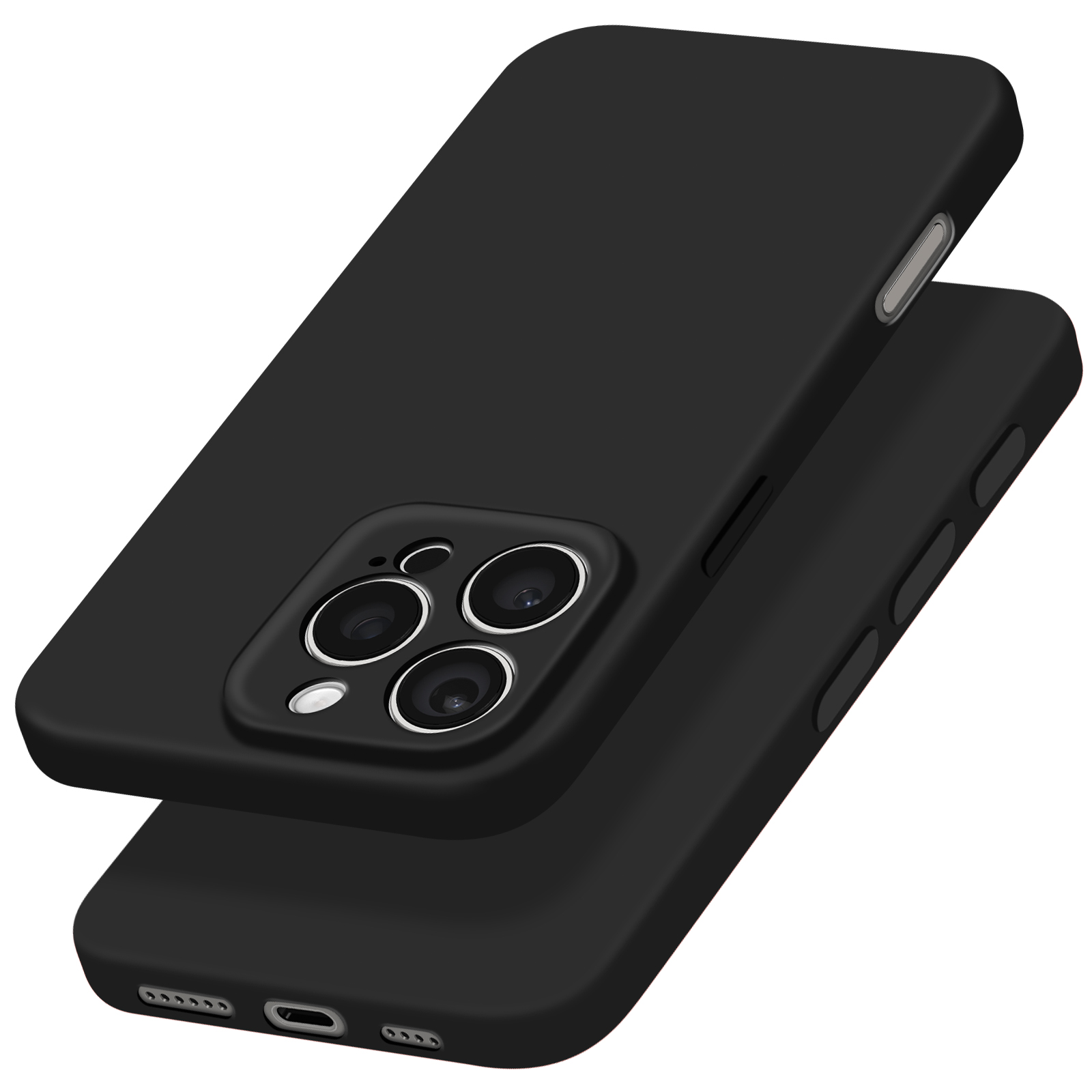 Due custodie per telefono nere, una sovrapposta all'altra, con ritagli per la fotocamera.
