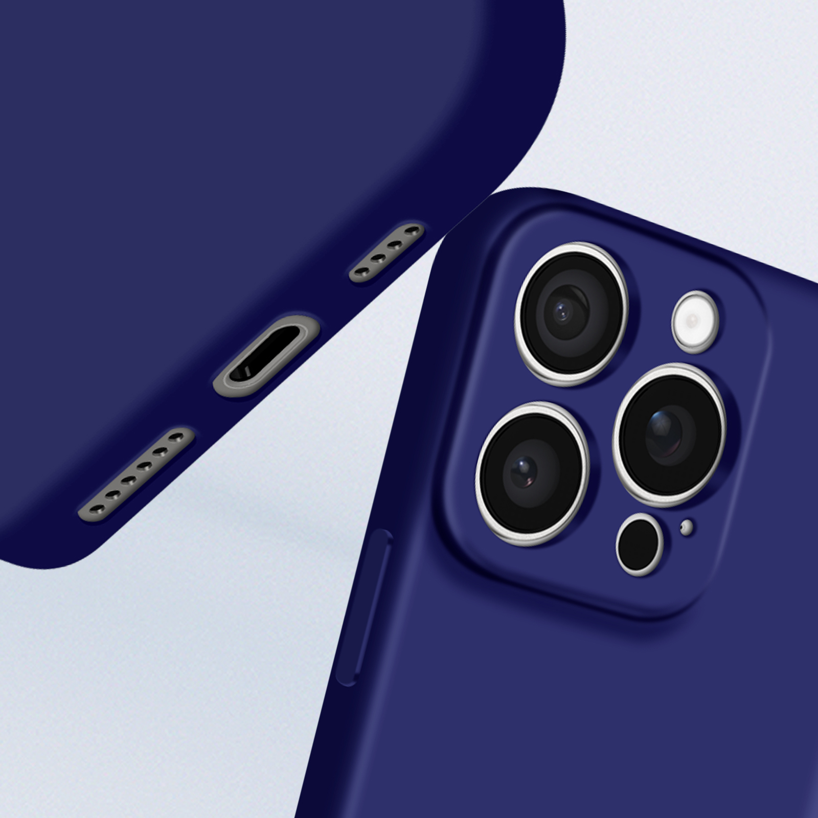 Primo piano di una custodia blu scuro. La custodia ha ritagli per lenti e porte della fotocamera.