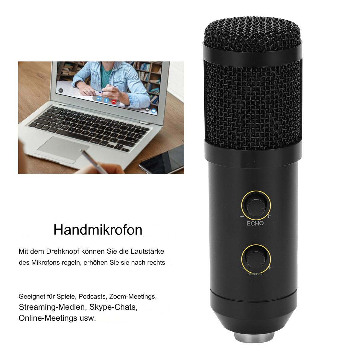 Schwarzes Mikrofon mit zwei Knöpfen. Ein Laptop-Bildschirm mit Videoanruf und eine schreibende Person.