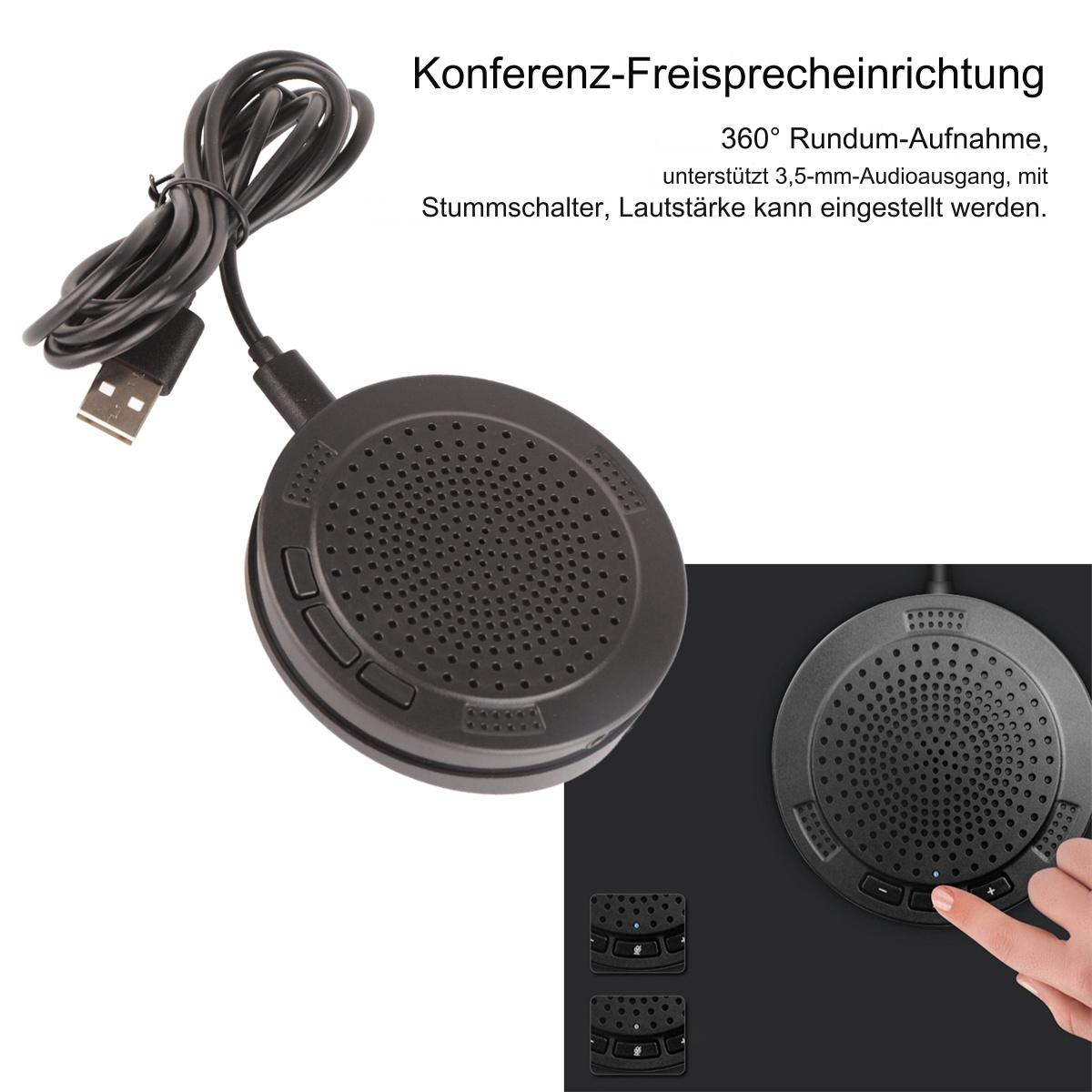Schwarzer Konferenzlautsprecher mit USB-Kabel und Bedienelementen. Detailbild.