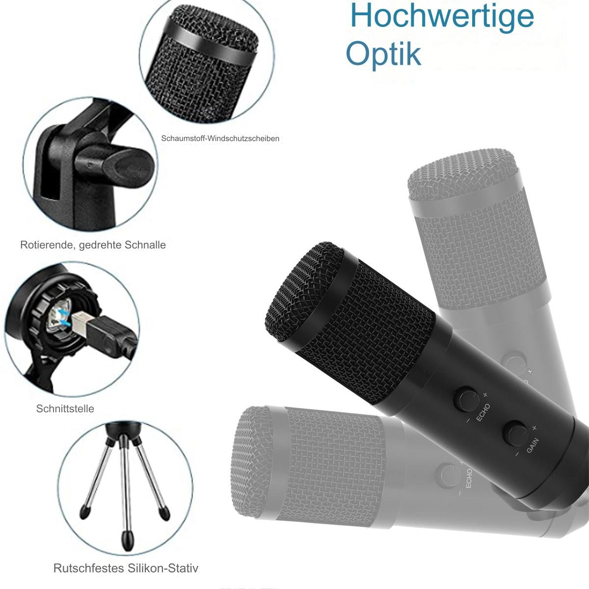 Details eines schwarzen Mikrofons und seiner Komponenten. Enthält Mikrofon, Ständer und Anschlüsse.