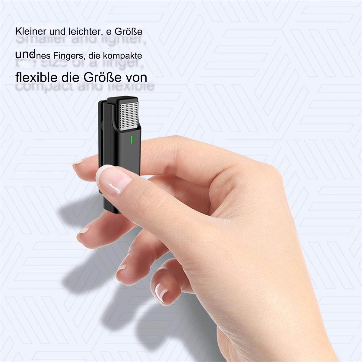 Ein kleines schwarzes Mikrofon wird von einer Hand gehalten. Der Text hebt die Größe und Flexibilität des Geräts hervor.