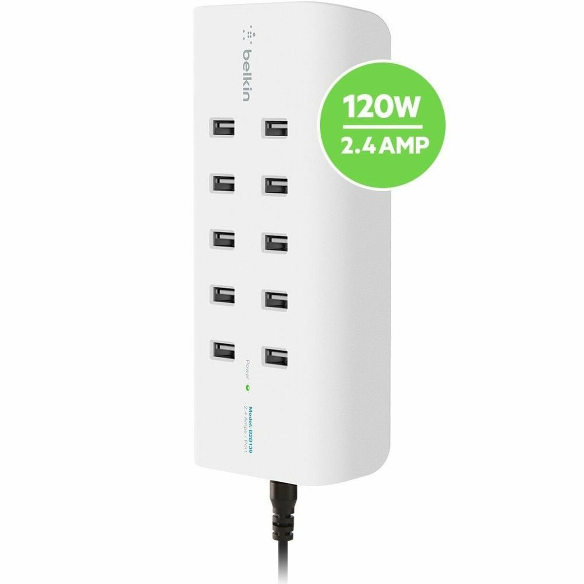 Weißer Belkin USB-Stromverteiler mit 10 Anschlüssen, 120W, 2,4AMP. Schwarzes Kabel. Grüne Betriebsanzeige.
