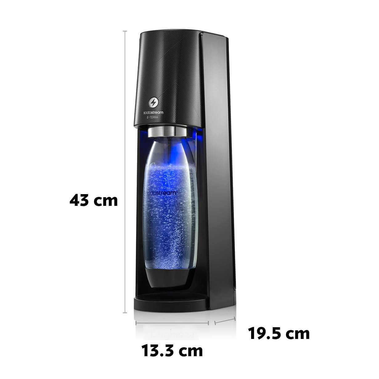 Schwarzer Sodabereiter mit Glasflasche. Die Größe wird durch Messungen angegeben.
