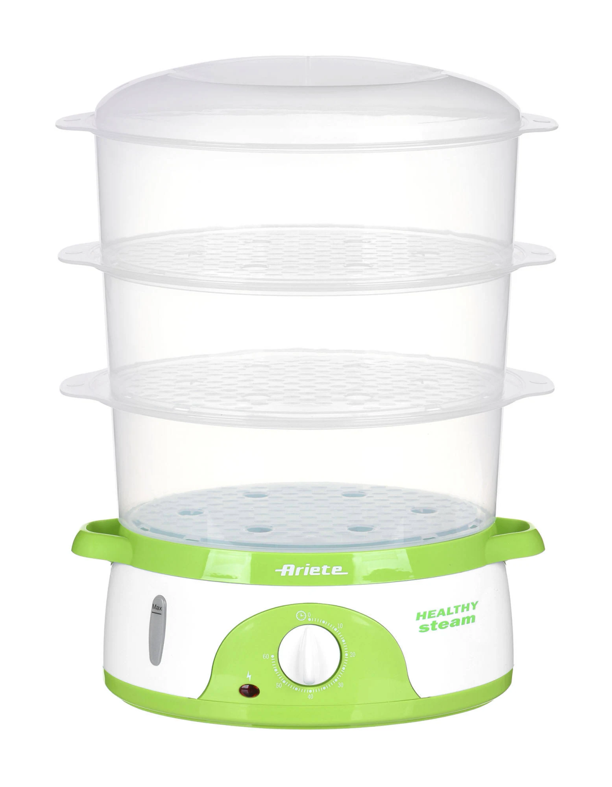 Vaporera blanca y verde con tres capas transparentes. Tiene una base con temporizador y asa.