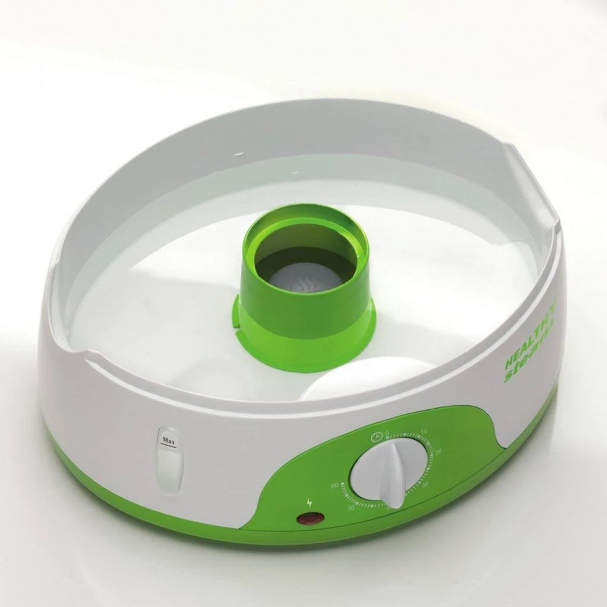 Vaporera blanca y verde con contenedor central verde y dial de control.