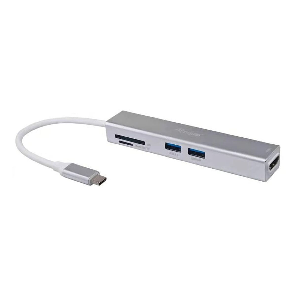 Hub USB argento con più porte e cavo bianco, su sfondo bianco.