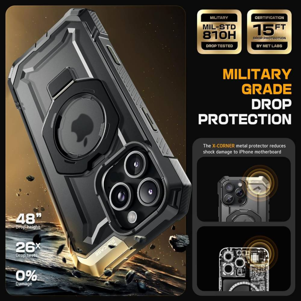 Schwarz-goldene Handyhülle mit Merkmalen an der Seite und einem Diagramm.