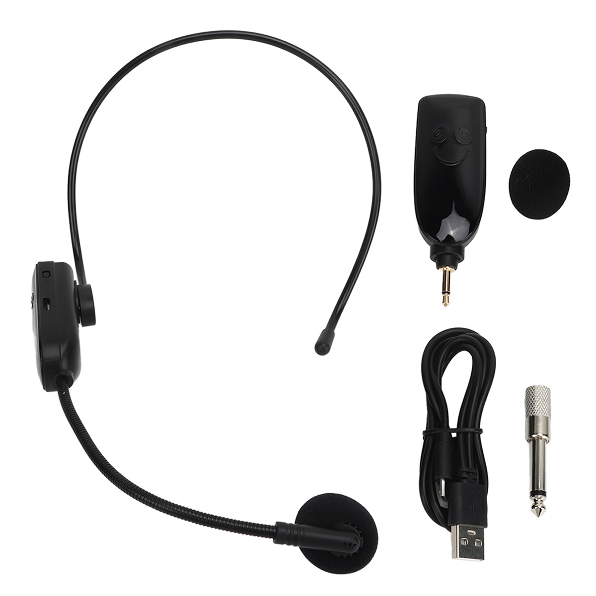 Ein schwarzes drahtloses Mikrofonsystem mit Headset, Empfänger und verschiedenen Anschlüssen, vor weißem Hintergrund.