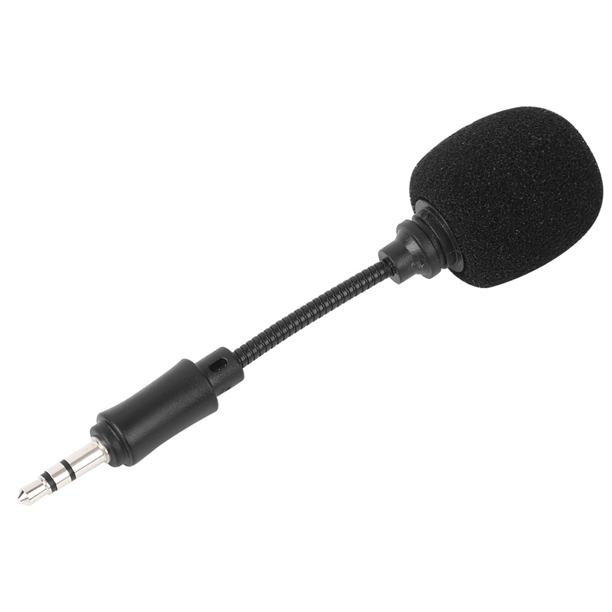 Mini-Mikrofon mit Schaumstoffabdeckung, verbunden mit einem schwarzen Stecker mit Kabel.